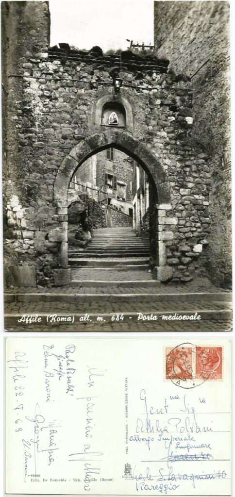 Affile, porta medievale, cartolina viaggiata 1969